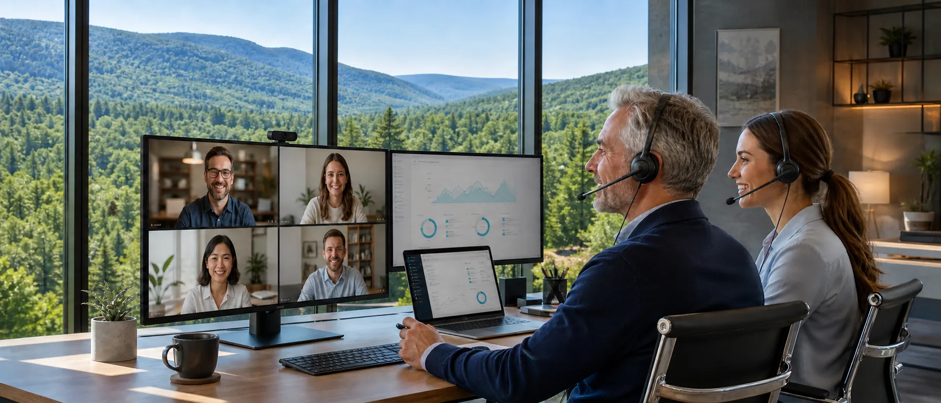 Contact Vlad Gutenmakher | Set Up Shop Online Illustration of a video conversation in an office overlooking a mountain landscape