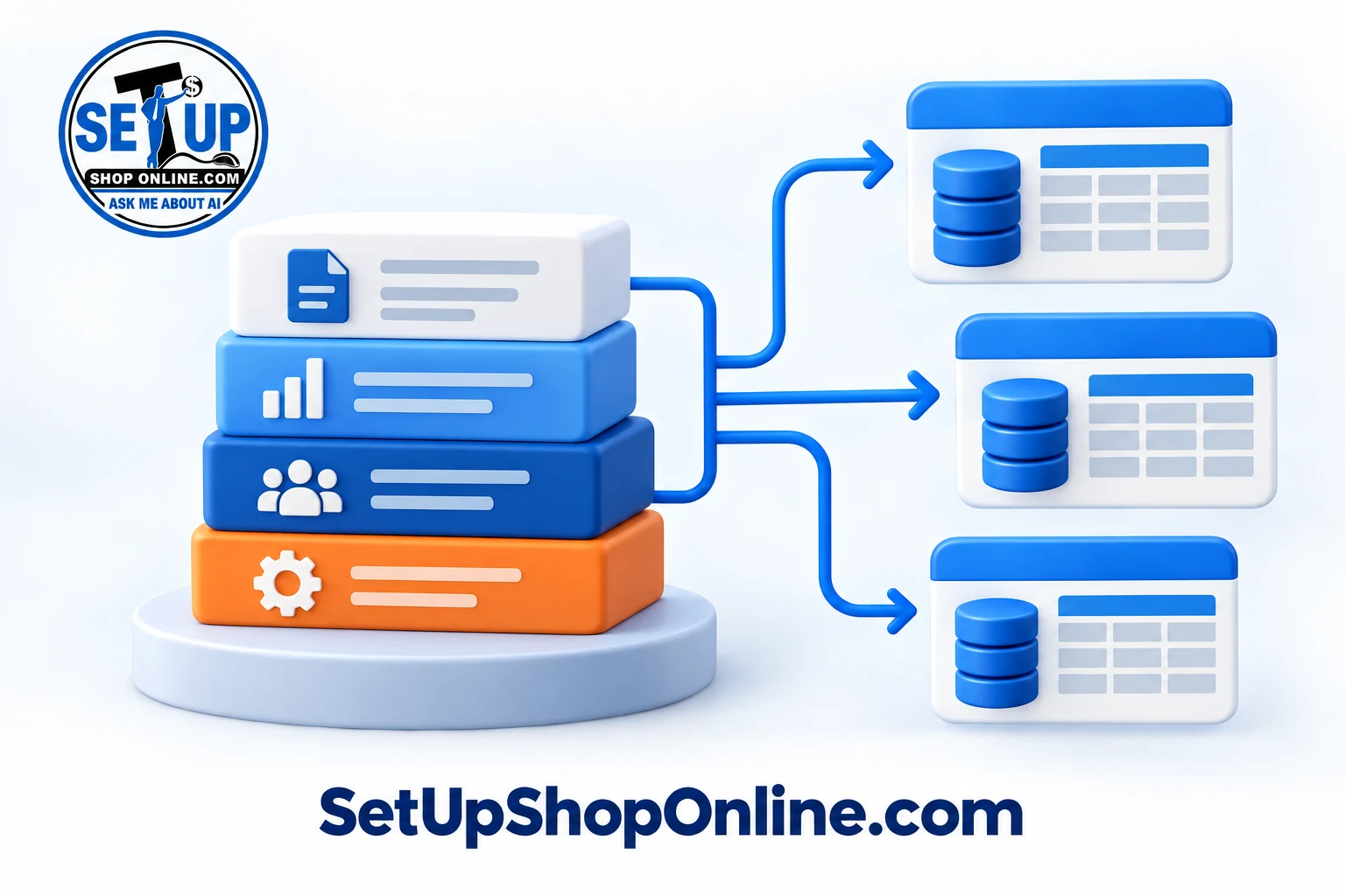 Organized business data layers connecting to database tables and reporting systems.