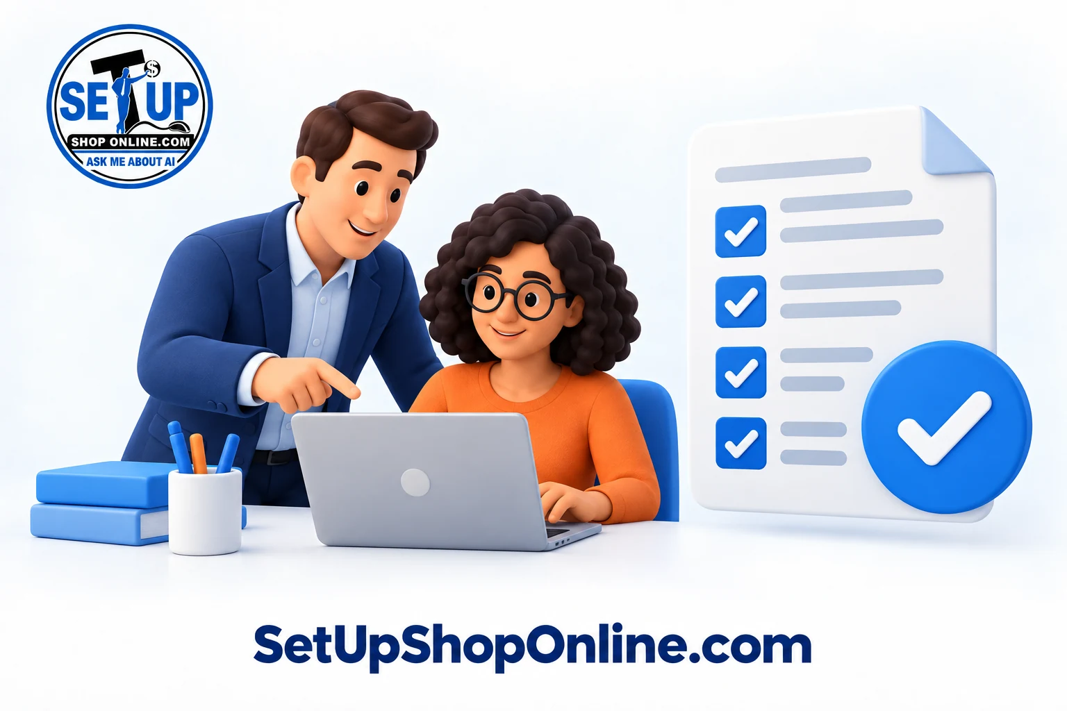 Trainer guiding a team member at a laptop beside a completed task checklist.