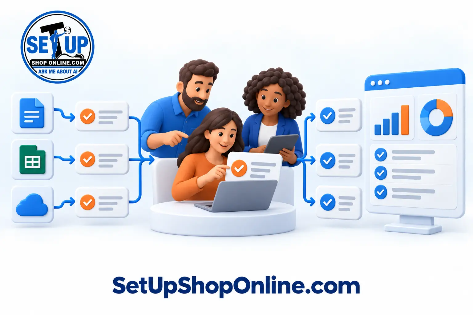 Team designing a workflow that connects documents, applications, human review, and completed outputs.