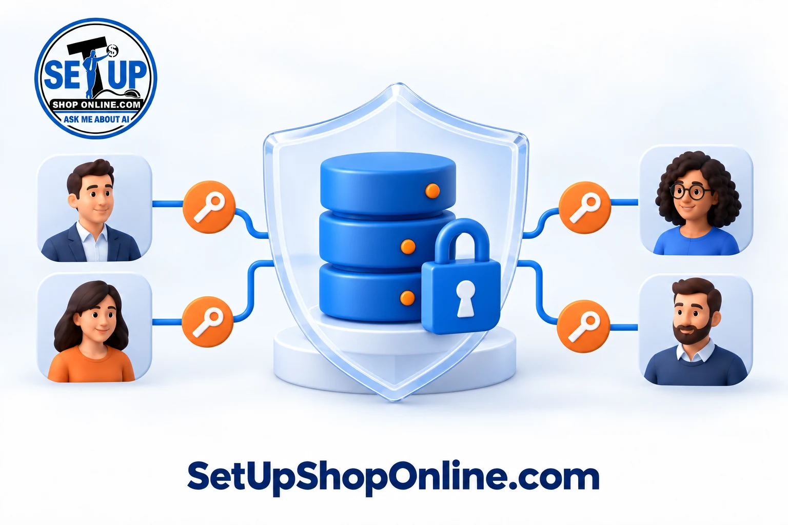 Business database protected by a shield, lock, and controlled access for team members.