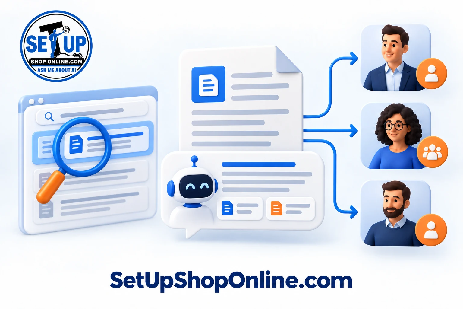 Search results and an AI answer interface connecting useful business content with prospective customers.