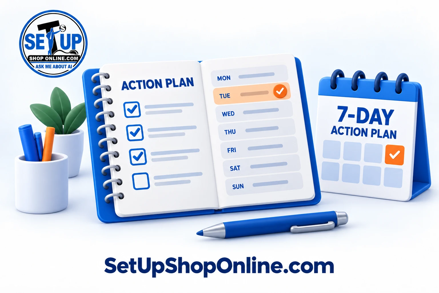 Business action planner with a checklist and calendar.