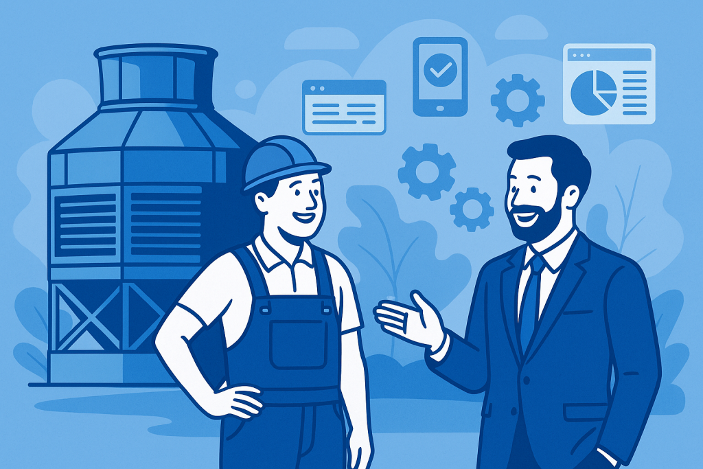 Illustration showing a happy cooling tower technician and customer in front of digital marketing and automation tools, symbolizing how SetUpShopOnline.com helps service companies grow with SEO, website development, podcast promotion, and AI-powered solutions tailored for industrial contractors.